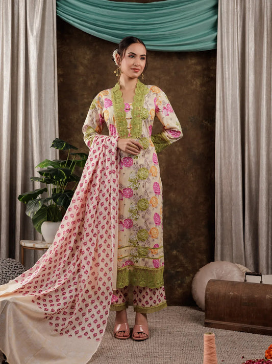 Yellow Floral Print Pure Cotton Beads Straight Kurta Dupatta Set With Lace Detailing