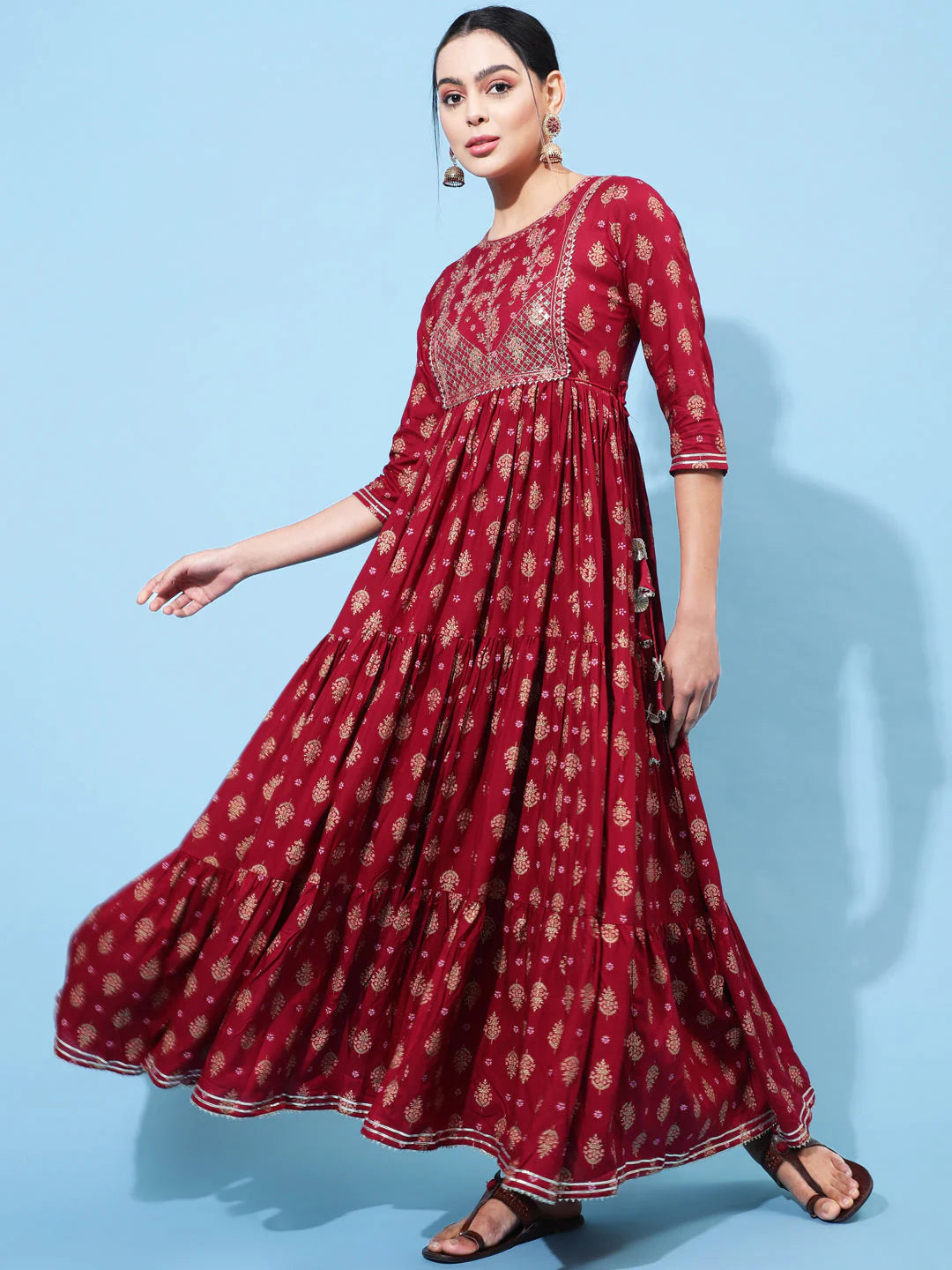 Ankle Length Printed Flared 3/4 Sleeve Round Neck Kurta Orchids Boutique