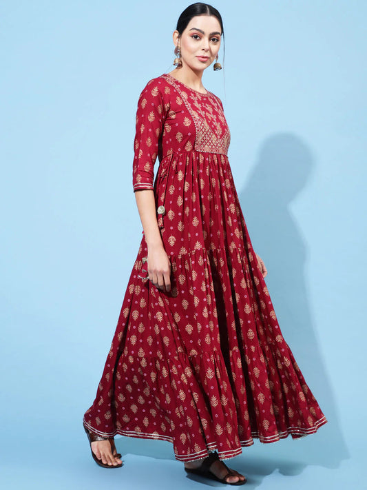 Ankle Length Printed Flared 3/4 Sleeve Round Neck Kurta Orchids Boutique