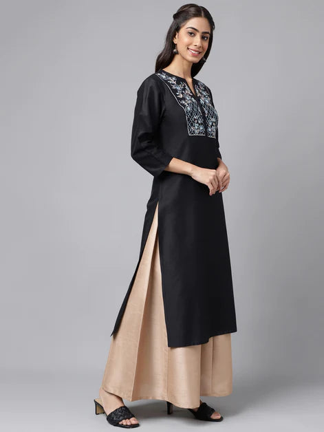 Black Poly Silk Solid Straight Kurta Orchids Boutique