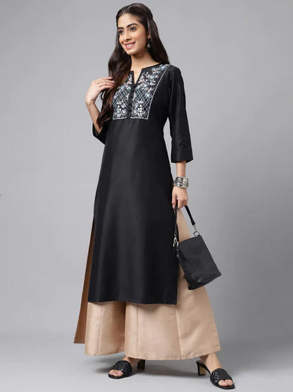 Black Poly Silk Solid Straight Kurta Orchids Boutique