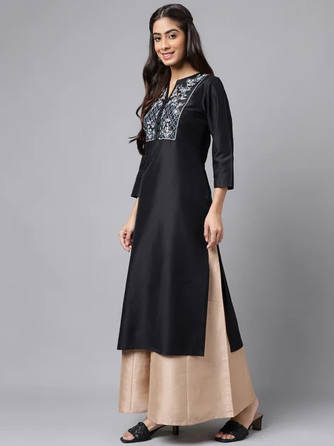 Black Poly Silk Solid Straight Kurta Orchids Boutique