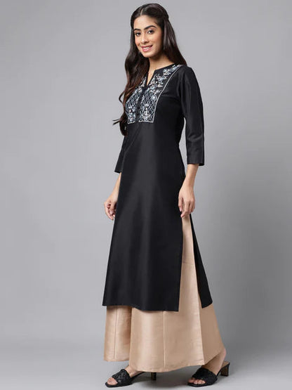 Black Poly Silk Solid Straight Kurta Orchids Boutique