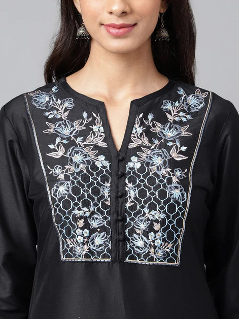 Black Poly Silk Solid Straight Kurta Orchids Boutique