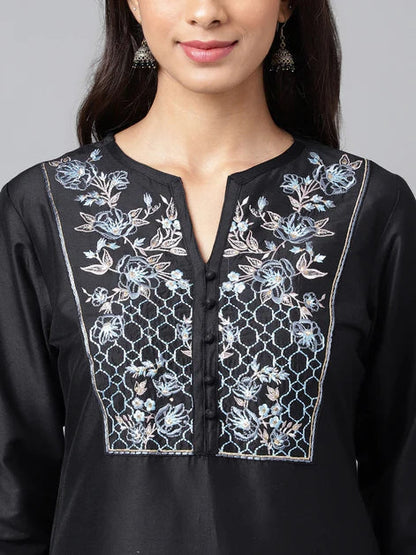 Black Poly Silk Solid Straight Kurta Orchids Boutique