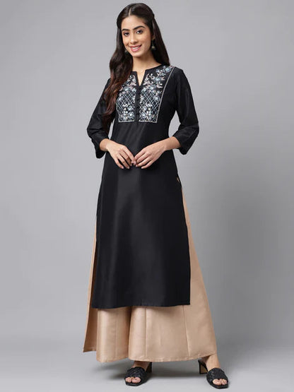 Black Poly Silk Solid Straight Kurta Orchids Boutique