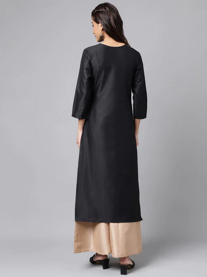 Black Poly Silk Solid Straight Kurta Orchids Boutique