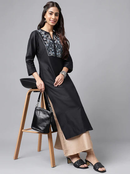 Black Poly Silk Solid Straight Kurta Orchids Boutique