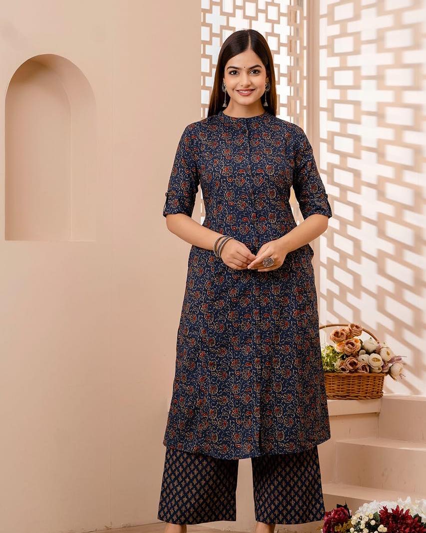 Blue Mughal Azrak Cotton Kurti Pant Set Orchids Boutique