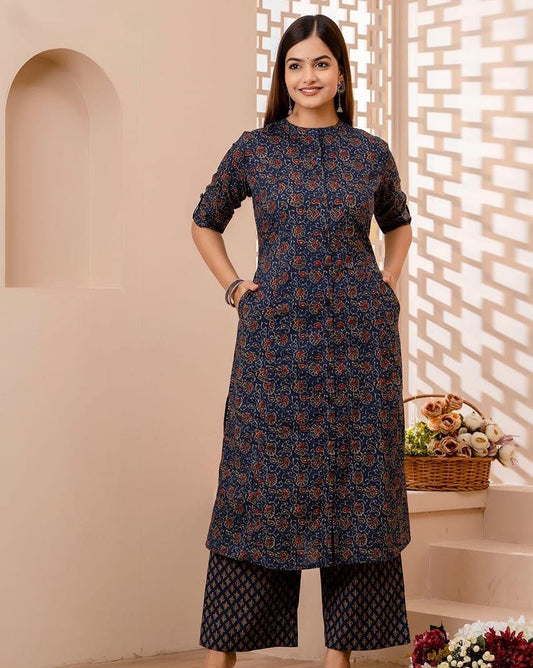 Blue Mughal Azrak Cotton Kurti Pant Set Orchids Boutique