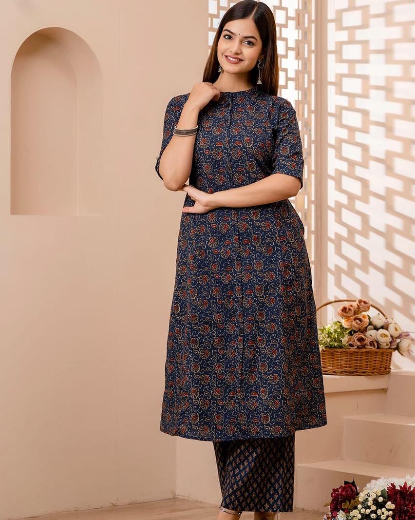 Blue Mughal Azrak Cotton Kurti Pant Set Orchids Boutique