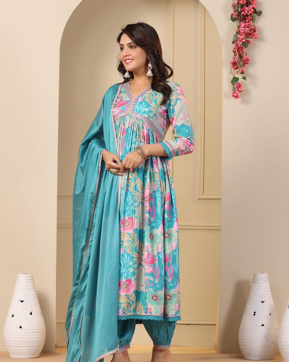 Blue Muslin Aliya Kurti Suit Orchids Boutique