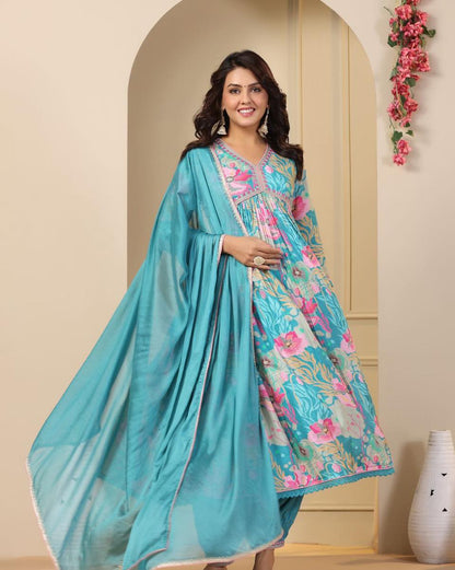 Blue Muslin Aliya Kurti Suit Orchids Boutique