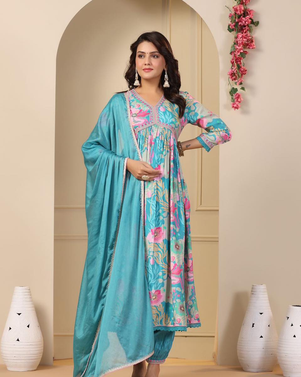 Blue Muslin Aliya Kurti Suit Orchids Boutique