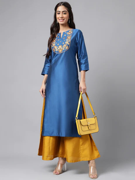 Blue Poly Silk Solid Straight Kurta Orchids Boutique