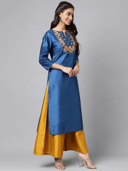 Blue Poly Silk Solid Straight Kurta Orchids Boutique