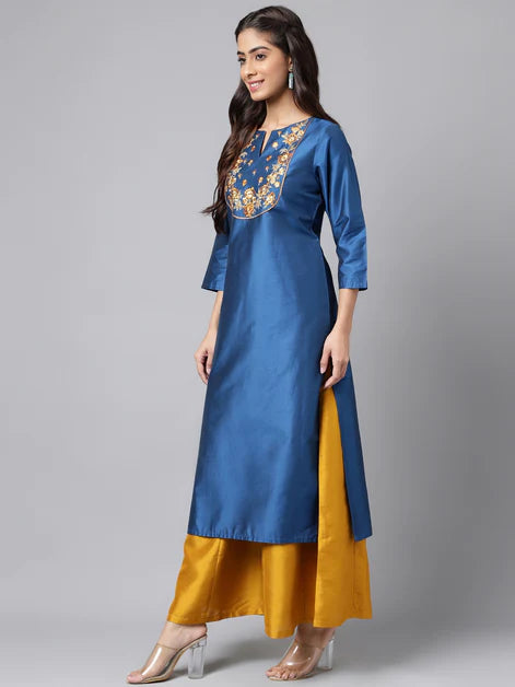 Blue Poly Silk Solid Straight Kurta Orchids Boutique