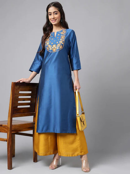 Blue Poly Silk Solid Straight Kurta Orchids Boutique