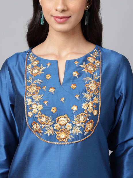 Blue Poly Silk Solid Straight Kurta Orchids Boutique