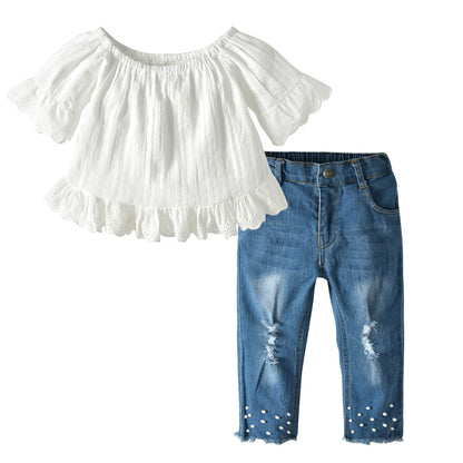 Girls Lace Pearl Jeans Set Orchids Boutique