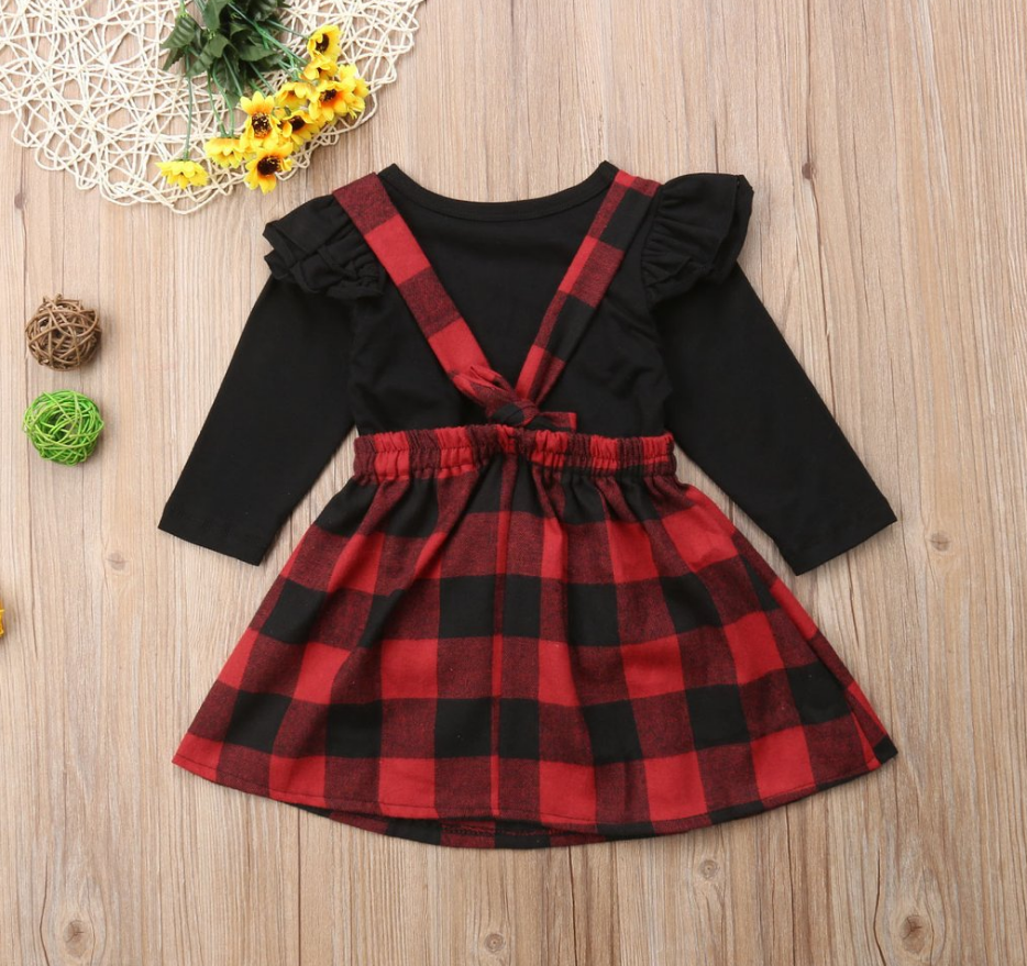 Girls black long-sleeved plaid strap dress two-piece set Orchids Boutique