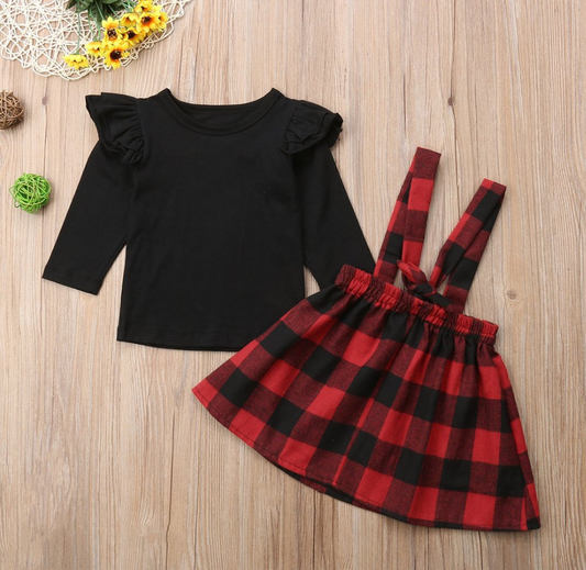 Girls black long-sleeved plaid strap dress two-piece set Orchids Boutique