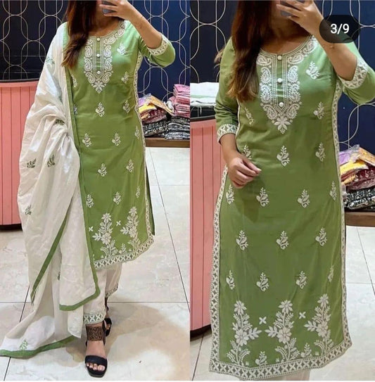 Green Cotton Embroidery Suit Orchids Boutique