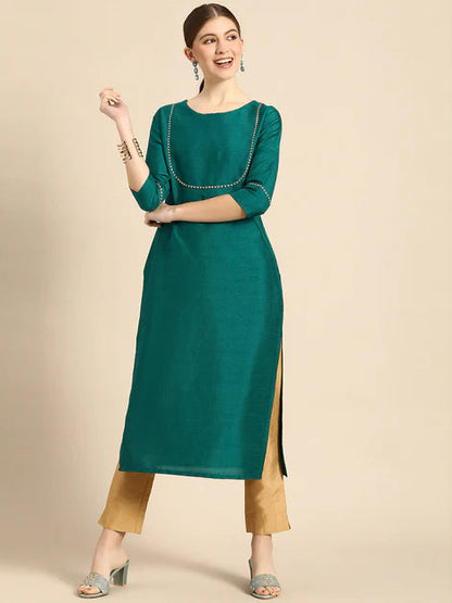 Green Poly Silk Solid Kurta with Pant Orchids Boutique