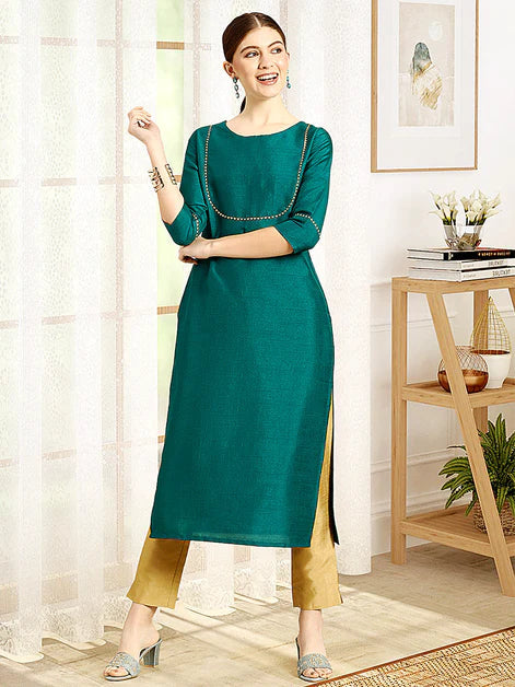 Green Poly Silk Solid Kurta with Pant Orchids Boutique