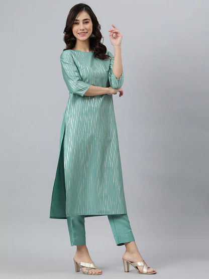 Green Poly Silk Striped Kurta with Pant and Dupatta Orchids Boutique