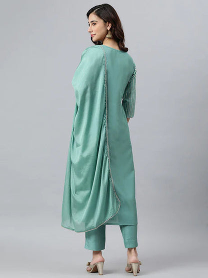 Green Poly Silk Striped Kurta with Pant and Dupatta Orchids Boutique