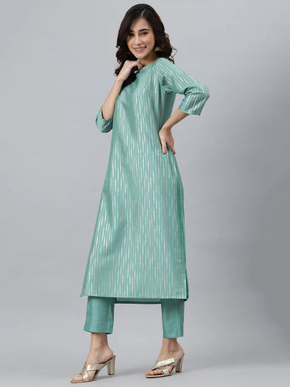 Green Poly Silk Striped Kurta with Pant and Dupatta Orchids Boutique