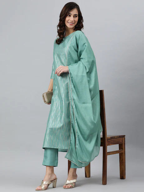 Green Poly Silk Striped Kurta with Pant and Dupatta Orchids Boutique