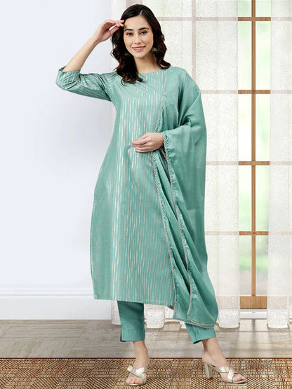 Green Poly Silk Striped Kurta with Pant and Dupatta Orchids Boutique