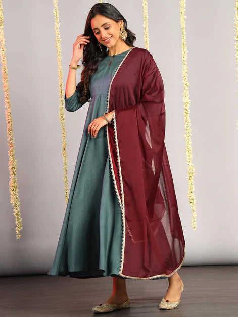 Grey Poly Silk Solid Kurta with Dupatta Orchids Boutique