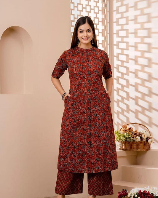 Maroon Mughal Azrak Cotton Kurti Pant Set Orchids Boutique