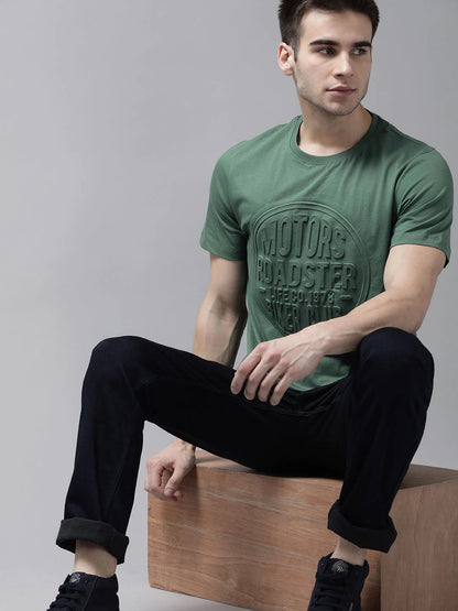 Men Green Embossed Printed Round Neck Pure Cotton T-shirt Orchids Boutique