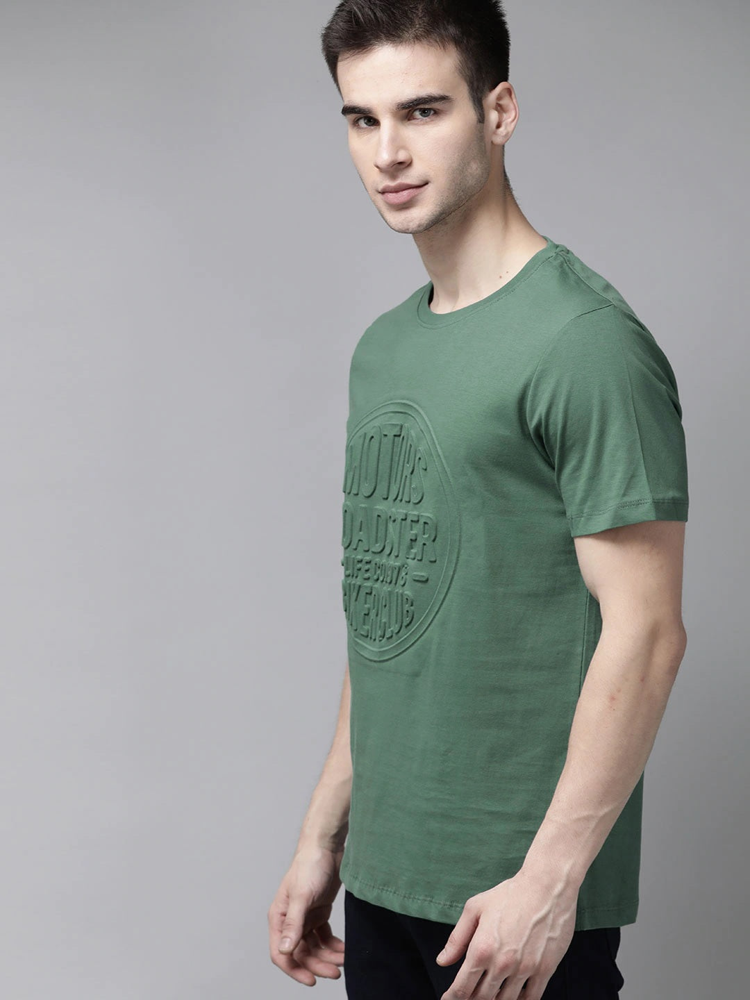 Men Green Embossed Printed Round Neck Pure Cotton T-shirt Orchids Boutique