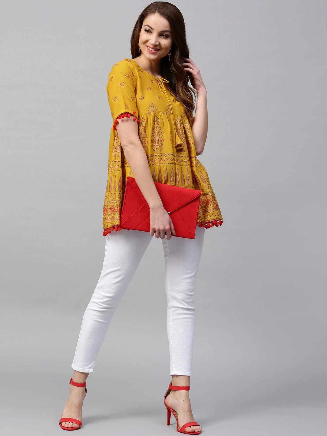 Mustard Yellow & Red Empire A-Line Top Orchids Boutique