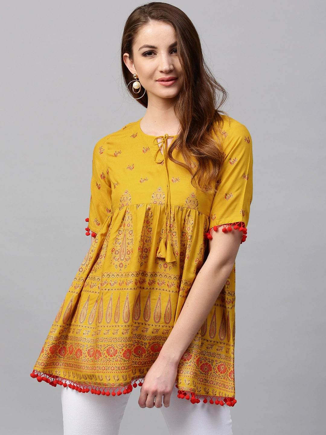 Mustard Yellow & Red Empire A-Line Top Orchids Boutique