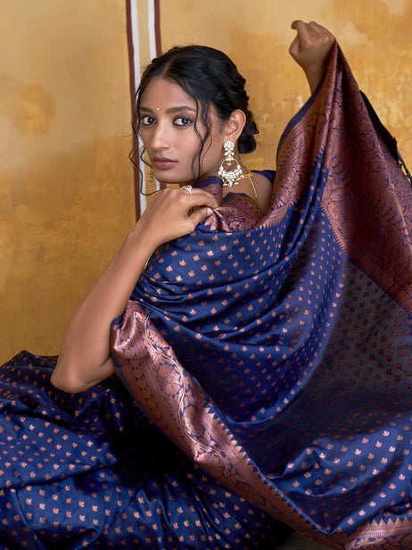 Navy Blue Banarasi Silk Ethnic Motifs Saree Orchids Boutique