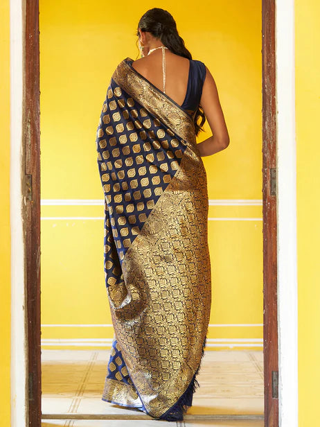 Navy Blue Banarasi Silk Woven Ethnic Motifs Saree Orchids Boutique