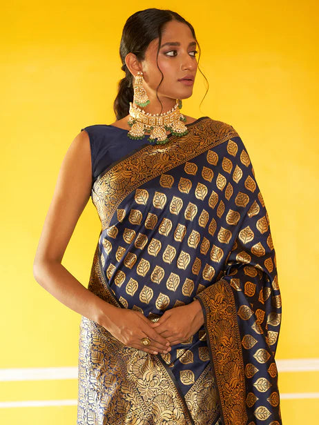 Navy Blue Banarasi Silk Woven Ethnic Motifs Saree Orchids Boutique