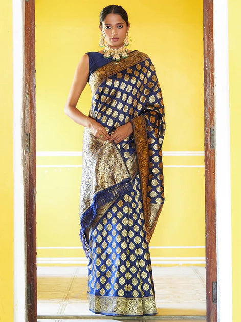 Navy Blue Banarasi Silk Woven Ethnic Motifs Saree Orchids Boutique