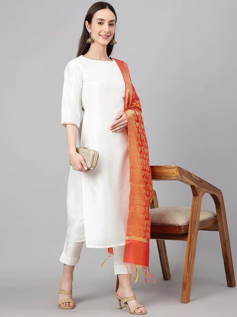 Off White Crepe Silk Solid Kurta with Pant and Dupatta Orchids Boutique