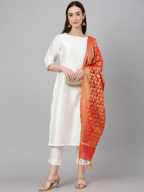 Off White Crepe Silk Solid Kurta with Pant and Dupatta Orchids Boutique