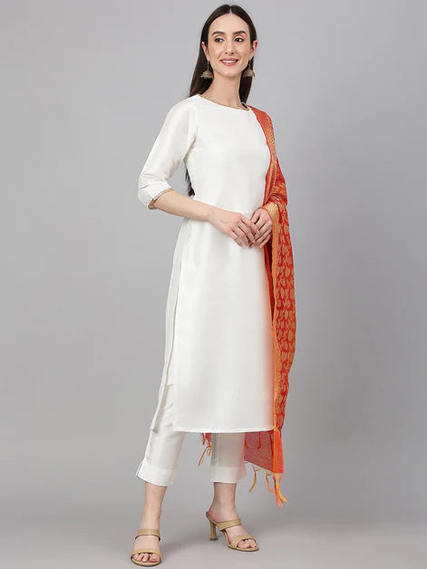 Off White Crepe Silk Solid Kurta with Pant and Dupatta Orchids Boutique