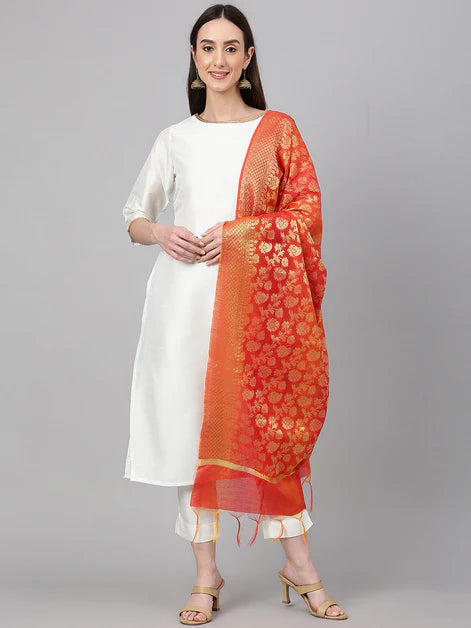 Off White Crepe Silk Solid Kurta with Pant and Dupatta Orchids Boutique