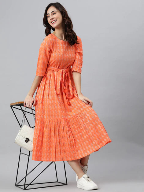 Orange Cotton Woven Design Tiered Western Dress Orchids Boutique