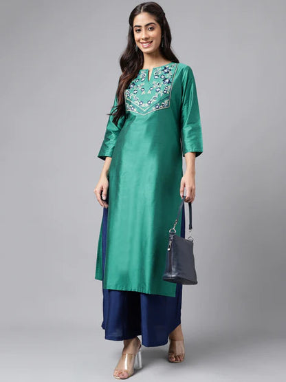 Peacock Green Poly Silk Solid Straight Kurta Orchids Boutique